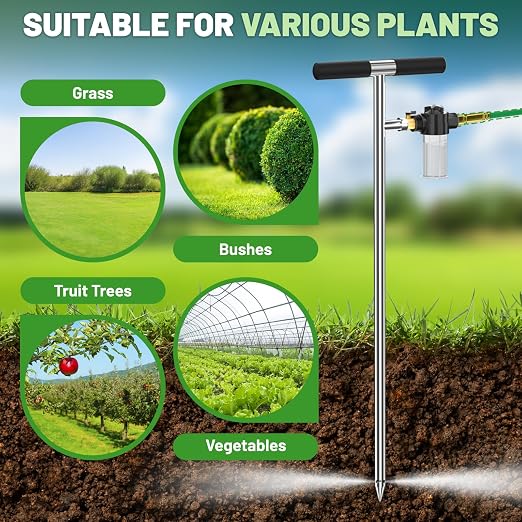 Deep Root Tree Watering Tool, Stainless Steel Tree Watering Spike with Fertilizer Bottle, Root Feeder with Brass Valve T-Handle, Irrigation System Watering Stake for Garden Orchard Shrub
