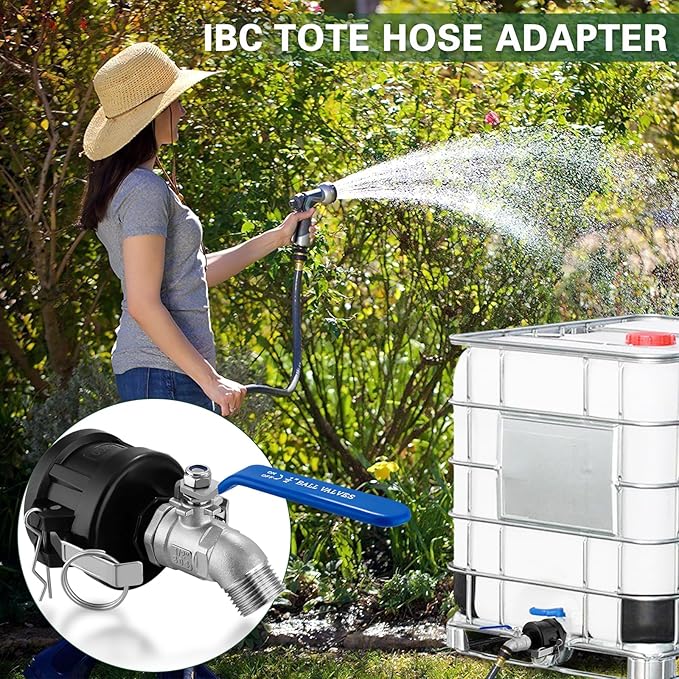 IBC Tote Hose Adapter, 2" Cam Lock for 275-330 Gallon IBC Tote Tank with 2packs Groove Fittings, IBC Tote Garden Hose Adapter with 304 Stainless Steel Hose Faucet (1/2'' Male Inlet ×3/4" Male)