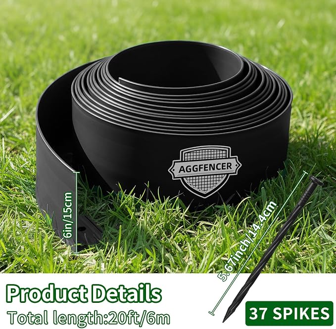 6 in x 20 Ft Garden Landscape Edging, No Dig Garden Edging Border Kit with 37 Pcs Spikes for Flower Bed Lawn Yard Grass Black