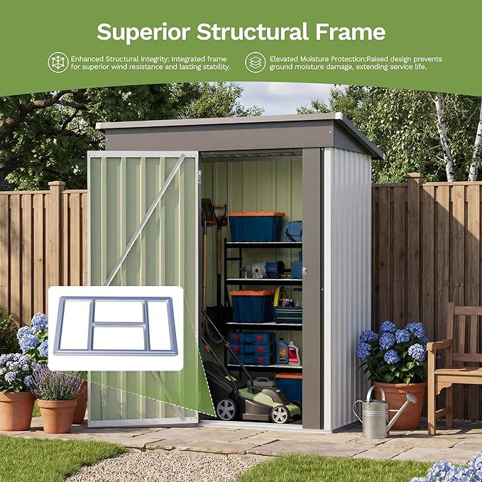 Greesum 5x3FT Outdoor Storage Shed with Base, Utility Tool Shed with Sloping Roof, Metal Storaged Garden Shed with Door & Lock for Patio Storage, White