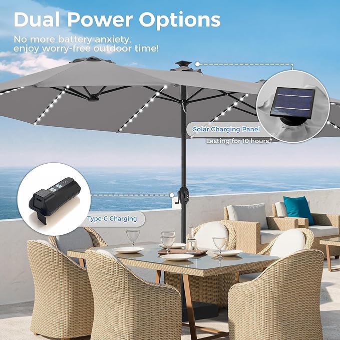 SUPERJARE 15ft Large Patio Umbrella with Base included, Double Sided Outdoor Umbrella with Solar Lights, Pool Umbrella with Fade Resistant Canopy for Deck, Porch, Yard, Balcony, Grey