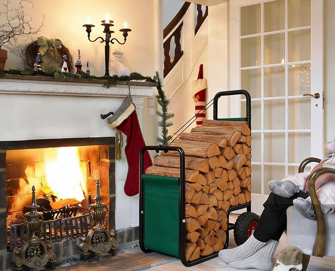 Firewood Cart with Wheels - Heavy Duty Outdoor Log Rack Holder Easy Transport for Fireplace Garden & Garage - Portable Storage Mover 220LB Capacity Waterproof