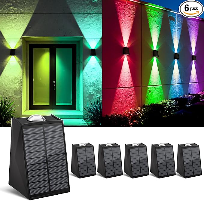 6 Pack Color Changing Solar Wall Lights Outdoor Waterproof Up and Down 2 LED RGB and Cool White Sconce, Decor for Fence, Stair, House, Patio, Porch, Yard, Garden, Garage and Pool, Wall Mounted Install