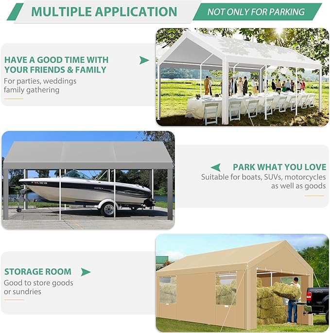 COBIZI Carport 10'x20' Heavy Duty Portable Garage, 2.0 Powder Coated Frame(Better Than Galvanized), Waterproof Shelter with Removable Sidewalls & Windows, Built-in Sandbags, for Car/Boat/SUV, Gray