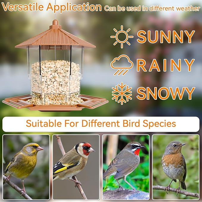 Yieach Hopper Bird Feeders for Outdoors Hanging,Large Birdfeeders for Outside Squirrel Proof,Covered Bird Seed Feeder for Outside,Plastic Wild Bird Feeder for Blue Jay,Cardinal,Garden Decoration,Brown