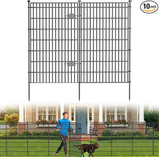 10 Panels No Dig Garden Fence with Gate, 44in(H) × 23.6ft(L) Decorative Metal Outdoor Dog Fence, Rustproof Pet Fencing for Yard, Patio, Flower Bed -Temporary Fencing| Easy to Install