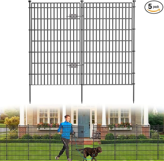 5 Panels No Dig Garden Fence with Gate, 44in(H) × 11.8ft(L) Decorative Metal Outdoor Dog Fence, Rustproof Pet Fencing for Yard, Patio, Flower Bed -Temporary Fencing| Easy to Install