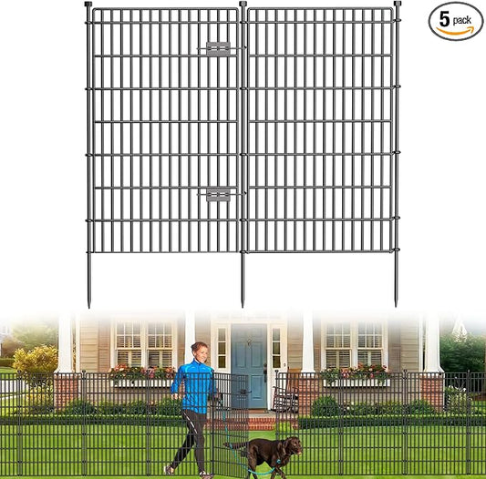 5 Panels No Dig Garden Fence with Gate, 44in(H) × 11.8ft(L) Decorative Metal Outdoor Dog Fence, Rustproof Pet Fencing for Yard, Patio, Flower Bed -Temporary Fencing| Easy to Install