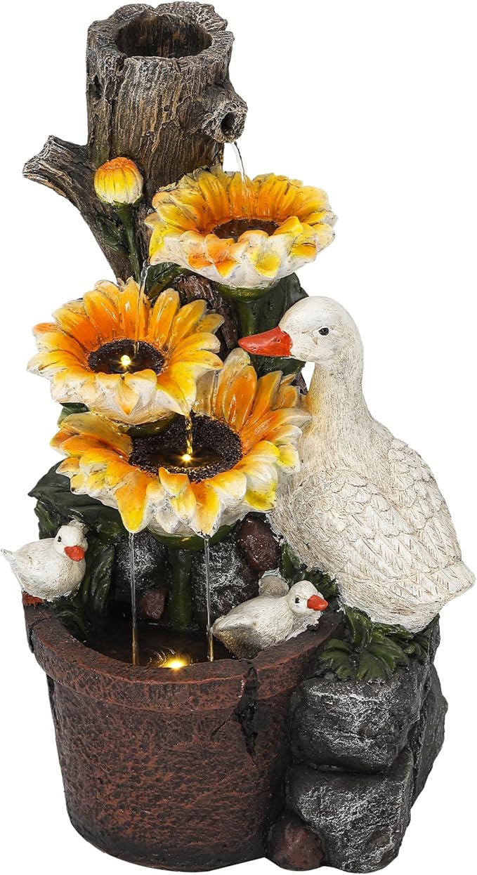 AUTODAYA 19" Water Fountain Indoor Outdoor, 4-Tier Sunflower & Duck Design with LED Lights and Cascading Waterfalls, Rustic Decor for Garden, Yard, Patio, Flowerbed & Farmhouse