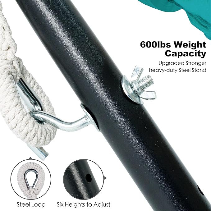 Gafete Double Hammock with Stand for Outside, Upgraded Spreader Bar, Heavy Duty Space Saving Steel Stand 2 Person, Side Pockets, Easy Assembly, 600lbs Weight Capacity, Indoor & Outdoor (Aqua Blue)