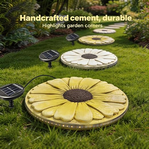Solar Stepping Stones that Light Up at Night, 2 Pack 10" Cement Daisy Flower Garden Path Stone, Non-Slip Weather-Resistant Outdoor Yard Walkway Decor (White)