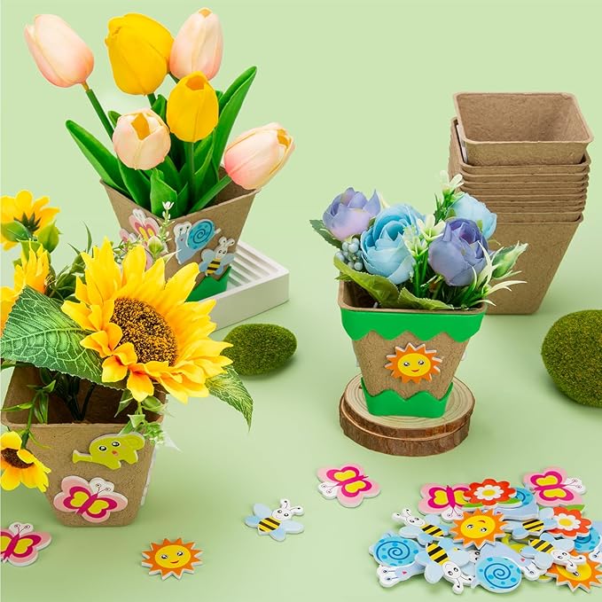 Ayfjovs Garden Paper Pot Craft Kit,15 Pack Square Paper Peat Pots with 105 PCS Adhesive Foam Stickers for Kids Science, Pre-School Craft, DIY Garden Kit, Classroom Decoration, Mother's Day