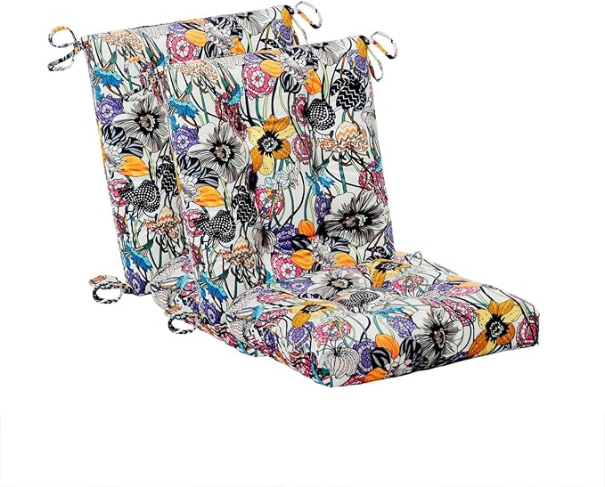 Patio Cushion, Rocking Chair Cushion, Tufted Pads, Set of Upper and Lower with Ties Pack of 2 (2 Sets) - Back 19"×16.5", Seat 16.5"×16.5" (Black Purple Flowers)