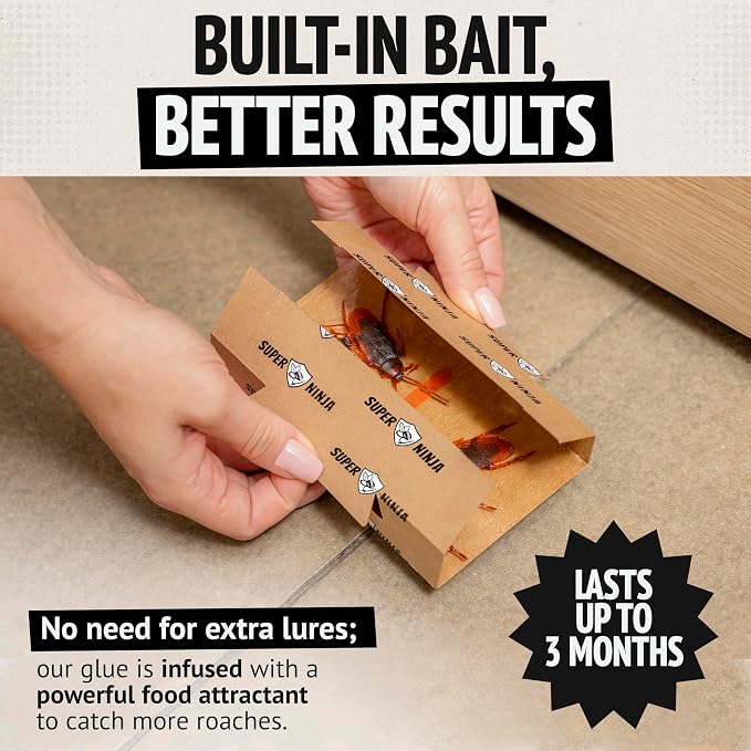 Super Ninja Roach Traps Indoor – 12 Pack, Roach Killer Indoor Infestation Control, Safe & Toxin-Free Cockroach Trap with Food Attractant, Nature-Friendly Pest Solution for Home, Garage & Shed