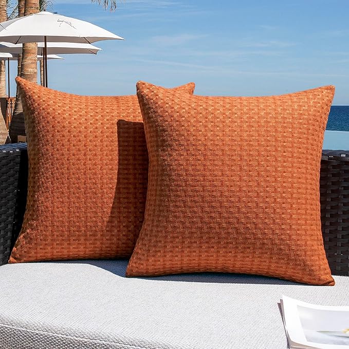 Kevin Textile Fall Outdoor Waterproof Throw Pillow Covers Pack of 2 Farmhouse Decorative Cushion Covers for Garden Patio Tent Balcony Bench Couch Sofa 20x20 Inch, Burnt Orange