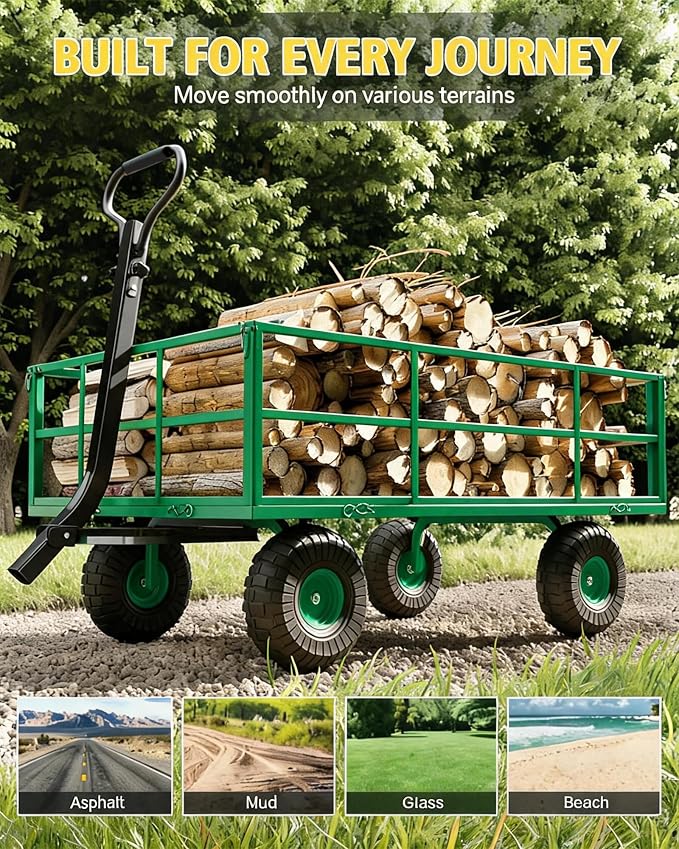 GarveeLife Heavy Duty Steel Garden Cart 1200 LBS Capacity 3 in 1 Pullable Garden Wagon with 13 in Wheels for Gardening Soil, Tools, and Plant Transport