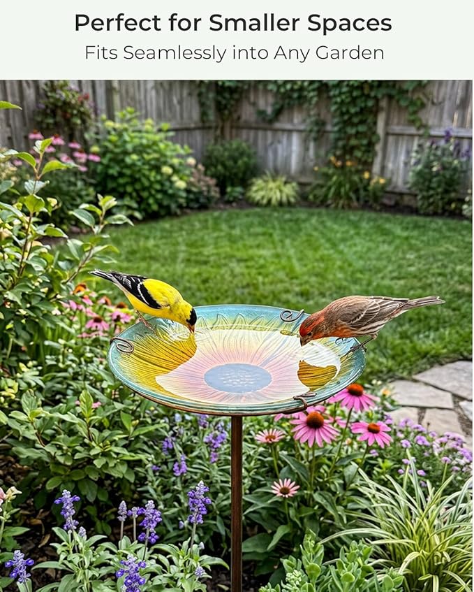 10.5" D Glass Bird Bath with Stake – Shallow Bird Bath for Outside Garden Backyard – Decorative Birdbath & Feeder for Patio Lawn – Hand-Painted Glass Water Dish, Sunflower