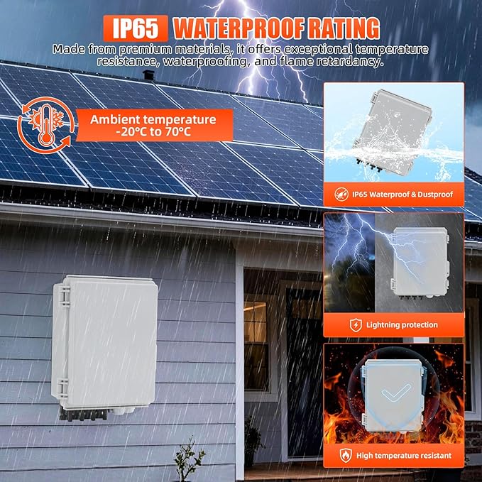 4 String Solar Combiner Box, IP65 Waterproof PV Combiner Box with 20A Rated Current Fuse, 63A Air Circuit Breaker,Lightning Arrester for On/Off Grid Solar Panel System