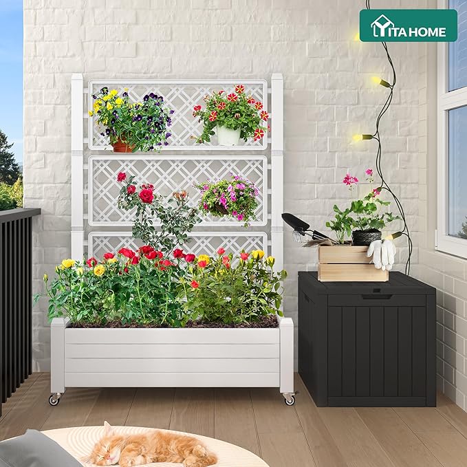 YITAHOME 43.3x17.7x61 in Planter Boxes Outdoor with Trellis, Resin Raised Garden Bed with Wheels & Drain Plug for Climbing Plants, Weather-Resistant Design Elevated Garden Bed with Trellis, White