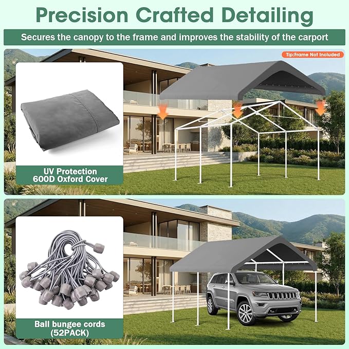 10x20FT Canopy Replacement Cover, Carport Replacement Canopy for 10' x 20' Frame, 800D Oxford Waterproof & UV Protected Tarp with Ball Bungees (Frame is not Included) (Gray)