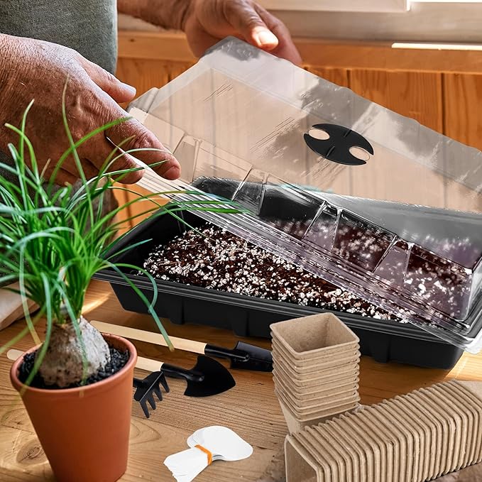 Hahood 6 Pack Seed Starter Tray Kit with 120 Square Peat Pots for Seedlings, Including Plants Labels, Planting Tools, Growing Trays Plastic Germination Tray Paper Starter Pods for Plant Seeds, Black