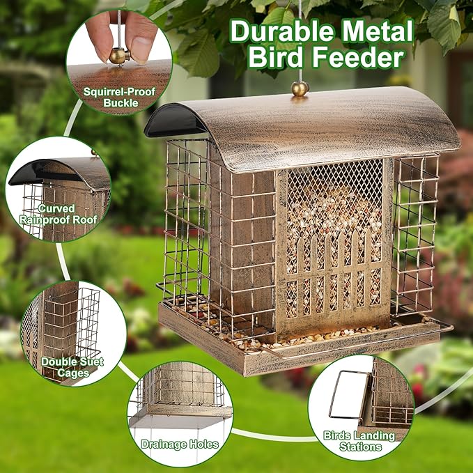 Suet Bird Feeder Outdoor Hanging with 2 Metal Mesh Cages - Attracts Woodpeckers, Finches, Sparrows - Wild Bird Feeder for Garden, Yard Decoration or Gift