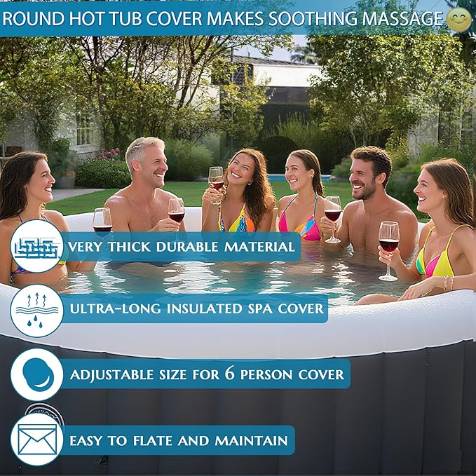 Inflatable Hot Tub Cover Round, Fits Saluspa Coleman Intex Cover, Thermal Insulated & Energy-Saving Weatherproof Protector, Unique Design Flexible Adjust Pool Cover Size Replacement-Life Time Support