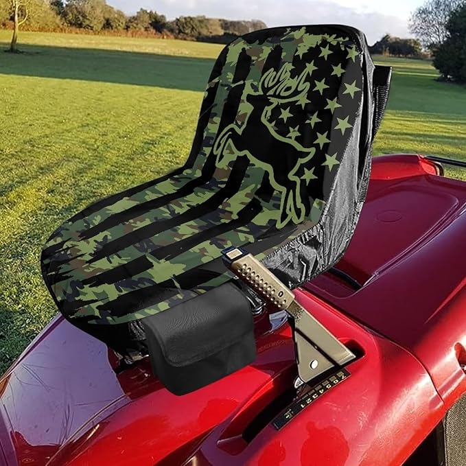 American Flag Tractor Seat Cover with Drink Pouch Deer Lawn Mower Seat Cover Protector with Elastic Edge Non Slip Tractor Accessories Gift for Friends