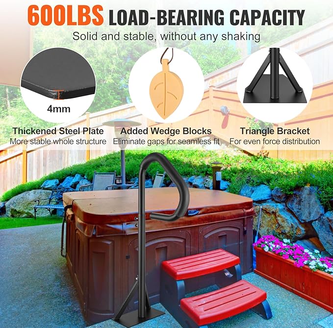VEVOR Hot Tub Handrail, 360 Rotatable Spa Side Handrail with 35"-57" Adjustable Height, Rust-Proof Aluminum Spa Hot Tub Hand Rail with Slide-Under Mount Base for Indoor & Outdoor, 600LBS Capacity