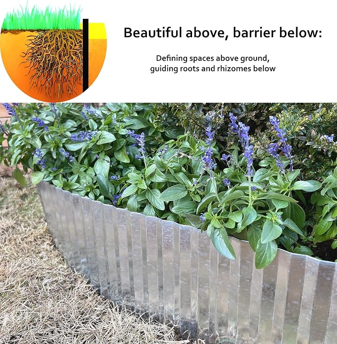A ANLEOLIFE 60FT Galvanized Steel Landscape Edging Roll, 6" Tall Sturdy Flexible Corrugated Metal Lawn Border for Garden, Pathway & Flower Beds, Silver