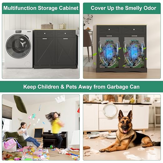 kepptory Tilt Out Trash Can Cabinet for 12 Gallon Trash Can, Modern Kitchen Island Cabinet with Adjustable Shelf and 2 Drawers for Hidden Laundry Basket, Dog Proof Garbage Can, Black