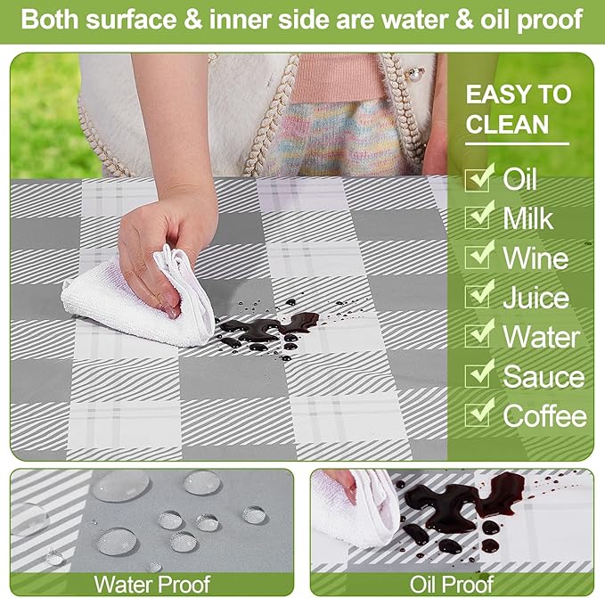 Play Tailor Picnic Table Cover with Bench Covers Camping Essentials Waterproof Windproof Camping Tablecloth with Drawstring Bag, Fitted Rectangle Tables and Seats, 60in, Grey Checkered