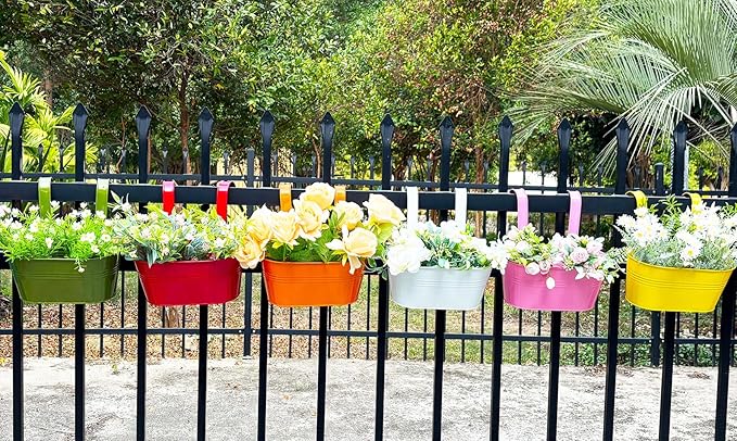 6 Pcs Railing Planter, 10" Metal Hanging Flower Pots for Outdoor Balcony Rails, Fence Pot Hanging Plant Holders with Detachable Hooks for Garden Patio Yard Decor (9.8", Pack of 6)