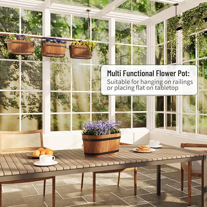 Hanging Wooden Flower Pots, Railing Planter for Any Balcony, Porch or Deck Countryside Style with Detachable Hooks for Garden Yard Home Decor (Brown)