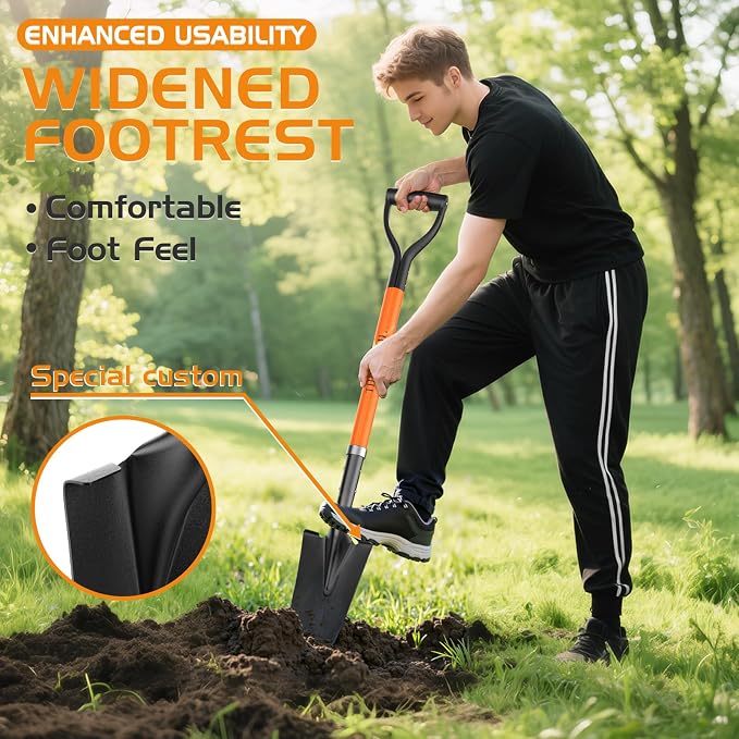 HIGHLIGHT Spade Shovel, 45-Inch Heavy Duty Sharp Shooter Shovel for Digging, Gardening, Planting, Trenching, Drain and Transplanting, Fiberglass D-Grip Handle, Orange