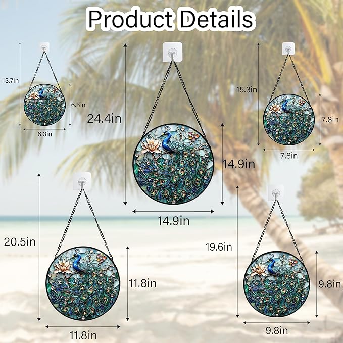 DASTOLL Stained Glass Window Hanging, Blue Peacock Decoration Suncatcher for Door Garden Home Flower Bird Sun Catchers Christmas Mother's Day Birthday Gifts for Women Men Mom Nana Friend 14.9 in
