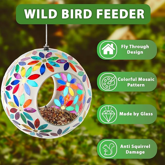 Lily's Home 5.5 Inches Glass Mosaic Hanging Bird Feeder for Outdoors Fly-Through Large Bird Feeder for Outdoor Garden Decor Backyard, Animals Lovers Gift, Multi Color Flowers