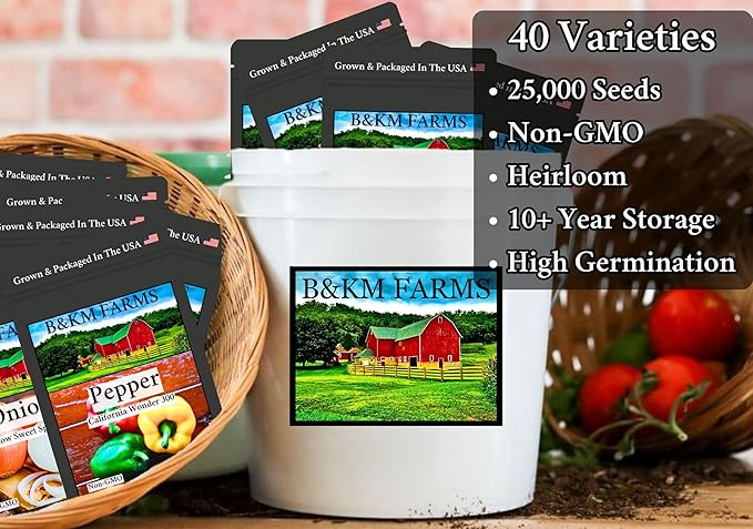B&KM Farms 25,000+ Heirloom Vegetable Seed Vault - 40 Non-GMO Varieties for Home Gardening & Food Security - Long-Term Mylar Storage in Weather-Resistant Reusable Pail - Made in USA
