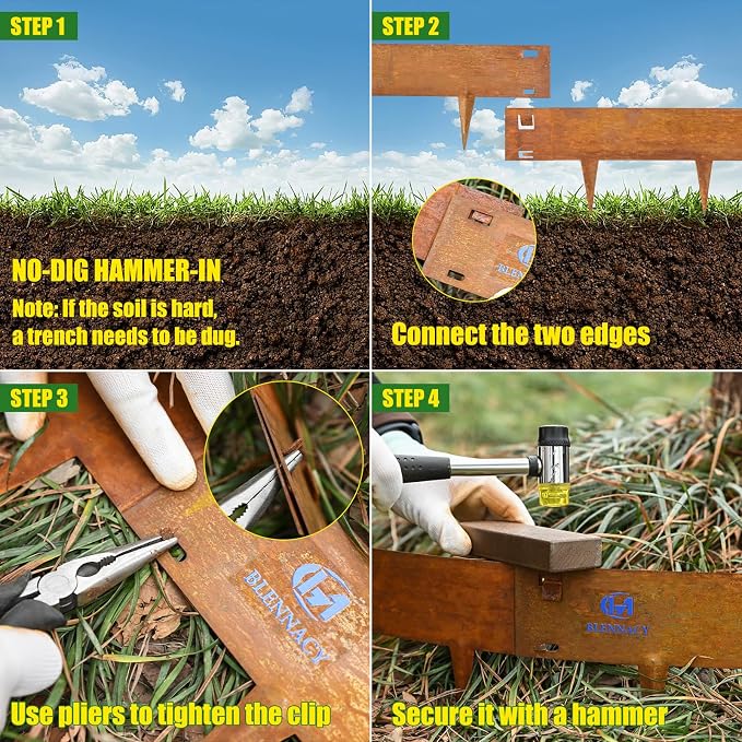 33ft. Metal Edging for Landscaping, 10 Pack 4.5 Inch Rusted Cor-Ten Steel Landscaping Edging with Gloves, Bendable Hammer-in Outdoor Steel Garden Edging for Garden, Yard (40" L x 4.5" H Each)