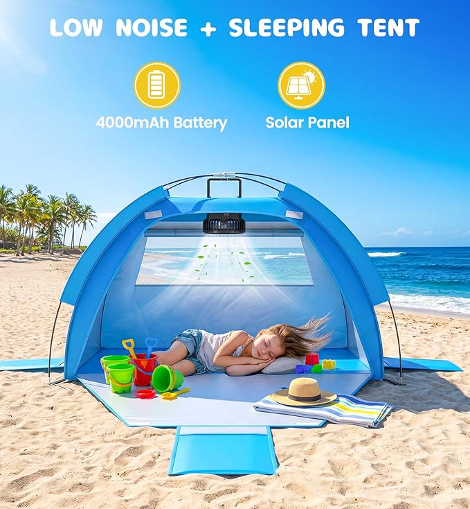 Baby Beach Tent Solar Cooling Fan, Anti-UV Toddler Beach Tent Sun Shelter Portable Travel Fan Beach Shade Tent, Baby Play Tent Built-in Ceiling Fan Sun Shelters Toddler Beach Essentials