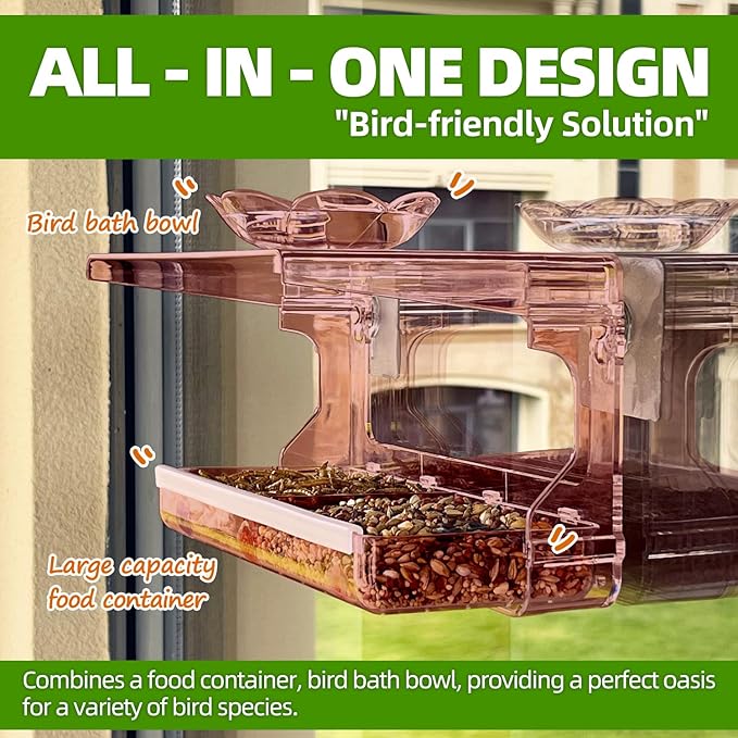 WENMIXER Window Bird Feeder with Non-Marking Self-Adhesive Hooks, Clear and Transparent, Outdoor Wild Bird Watching Gift, Garden Decor (Red)