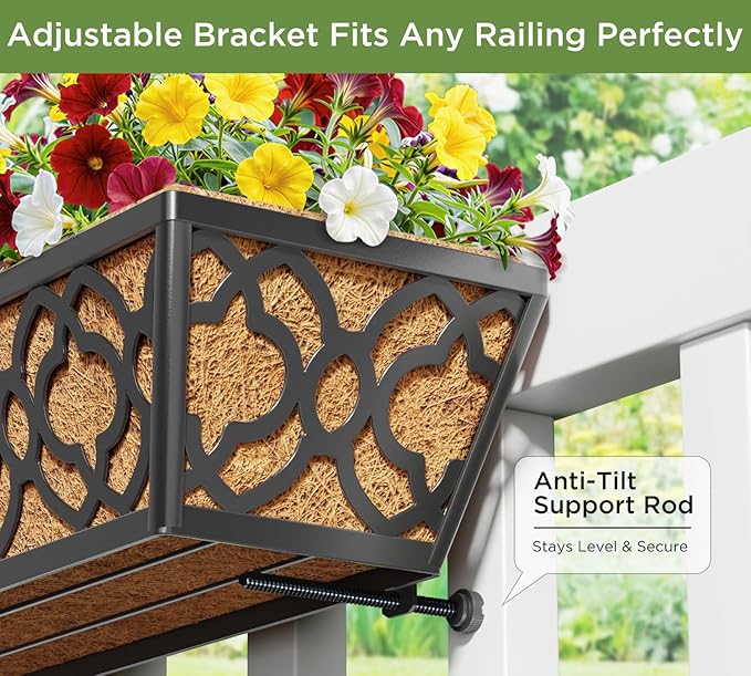 Y&M 6Pcs 30 Inch Large Window Box Railing Planter with Coco Liner, Outdoor Window Flower Boxes Over The Railing Planter Boxes Deck Fence Porch Patio Planter