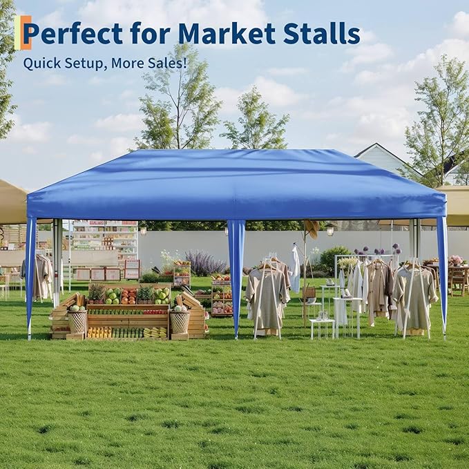 10'X20' Commercial Gazebo Pop-Up Canopy Tent, 5-Minute Setup No Tools Needed, 2 Sidewalls, 8 Stakes & 6 Sandbags, 210D Oxford UV Protection with Roller Bag for Farmers' Market, Wedding, Parties