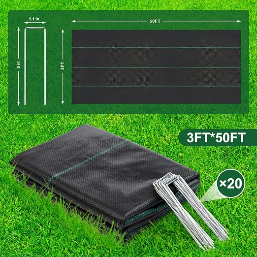 FrutPunch 3FT x 50FT Weed Barrier Landscape Fabric, 3.2oz Weed Barrier Landscape Fabric Heavy Duty, Landscape Fabric for Ground Cover in Garden, Farm, Yard Driveway, with 20 U-Shaped Ground Stakes