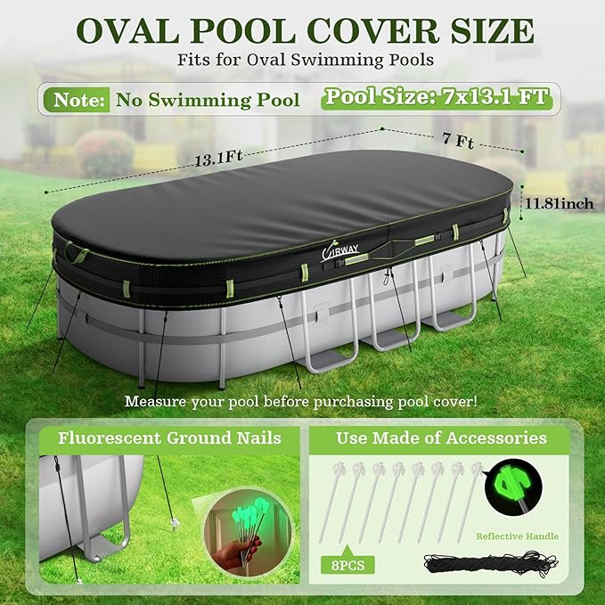 UIRWAY 7x13 FT Rectangular Pool Cover with Reflective Strips, Swimming Pool Cover for Above Ground Pool, Solar Cover Including Rope Tie and Luminous Ground Nails for Rectangular or Oval Pools