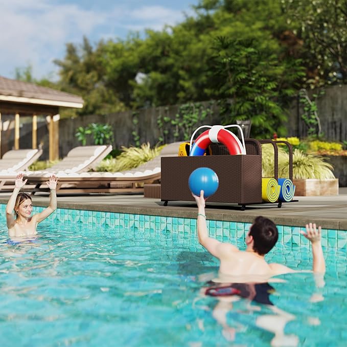 Outsunny Wicker Patio Pool Float Storage Basket, PE Rattan Outdoor Pool Caddy with Rolling Wheels for Floaties, Noodles, Life Vests, Beach Balls, Patio Furniture, Brown