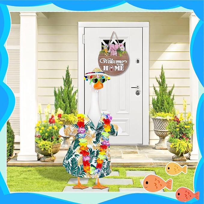 Hawaiian Goose Outfit with Sunglasses & Wreath,Porch Goose Outfits for 23" 17" Cement Plastic Goose Clothes Costumes,Garden Decor Goose and Duck Costume for Outdoor Statues