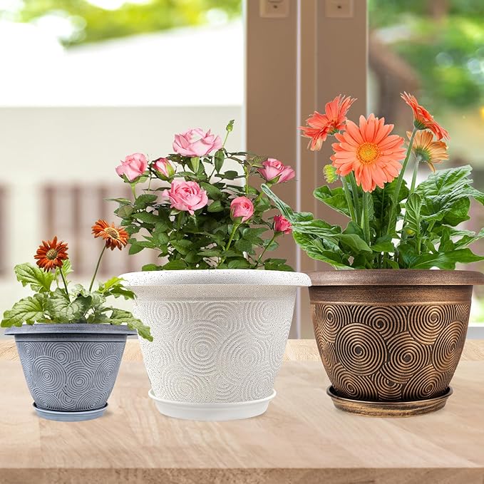 Fodetyff 14 Inch Large Planter Pot for Plants Indoor Outdoor, 4 Pack Plastic Flower Pots with Drainage Hole & Tray, Modern Decorative Garden Pot with Saucer, Plant Container for House