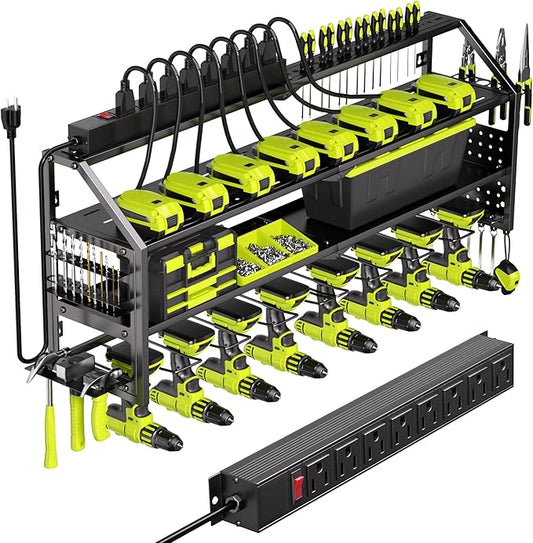 Power Tool Organizer Wall Mount with Charging Station, 8 Drill Holder with 8-Outlet Power Strip, Garage Cordless Drill Storage and Organization, Battery Utility Rack