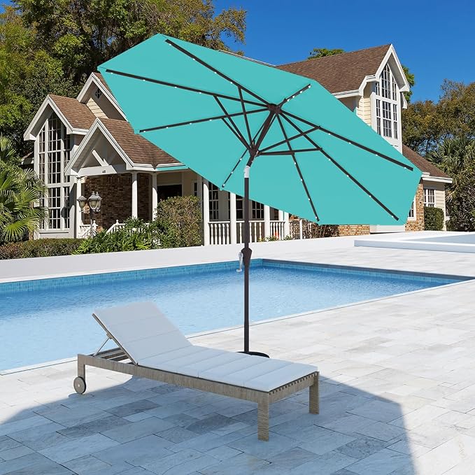 9FT Patio Umbrella with Solar Lights,Outdoor Market Umbrella with Tilt and Crank, LED Lighted Table Umbrella for Garden,Deck,Backyard,Pool,Beach